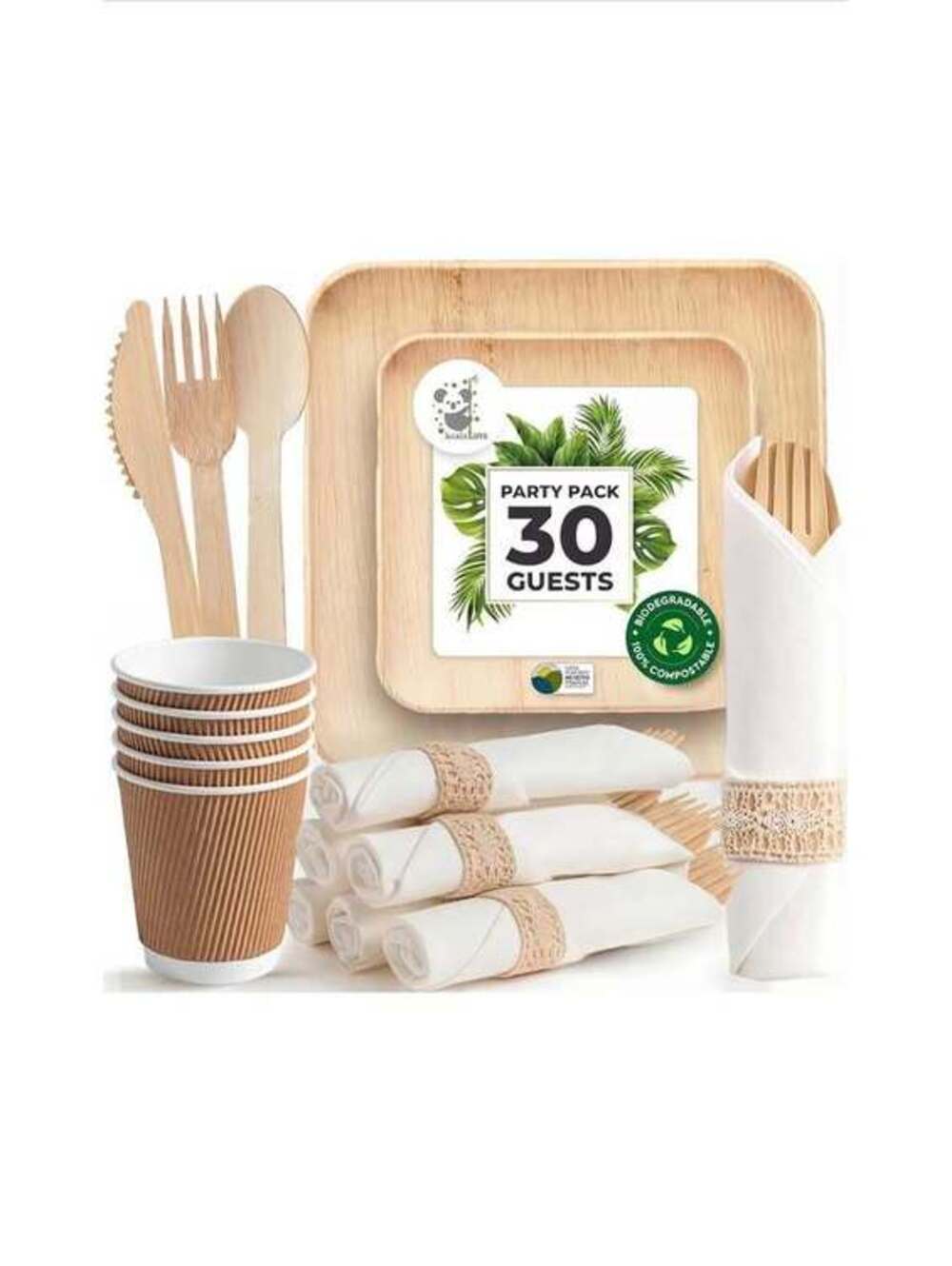 Palm Leaf Bamboo Plates & Cutlery Set for 30 Guests, Eco-Friendly - New in Box